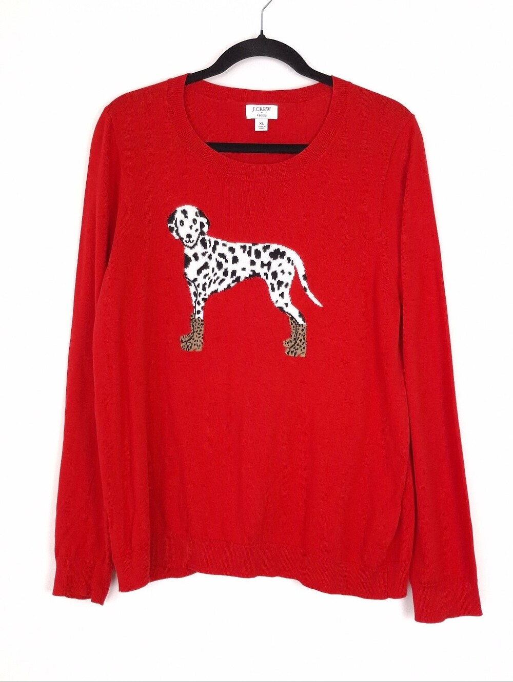 J. Crew Dalmatian Teddie Sweater cotton dog novelty quirky preppy slim fit red